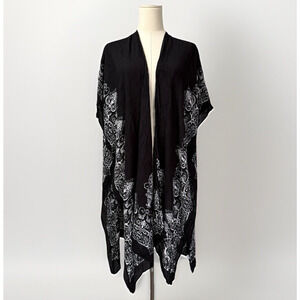 Moss Rose Suit Cover Up Sz OS Kimono Cardigan Medallion Boho Beach Black Viscose